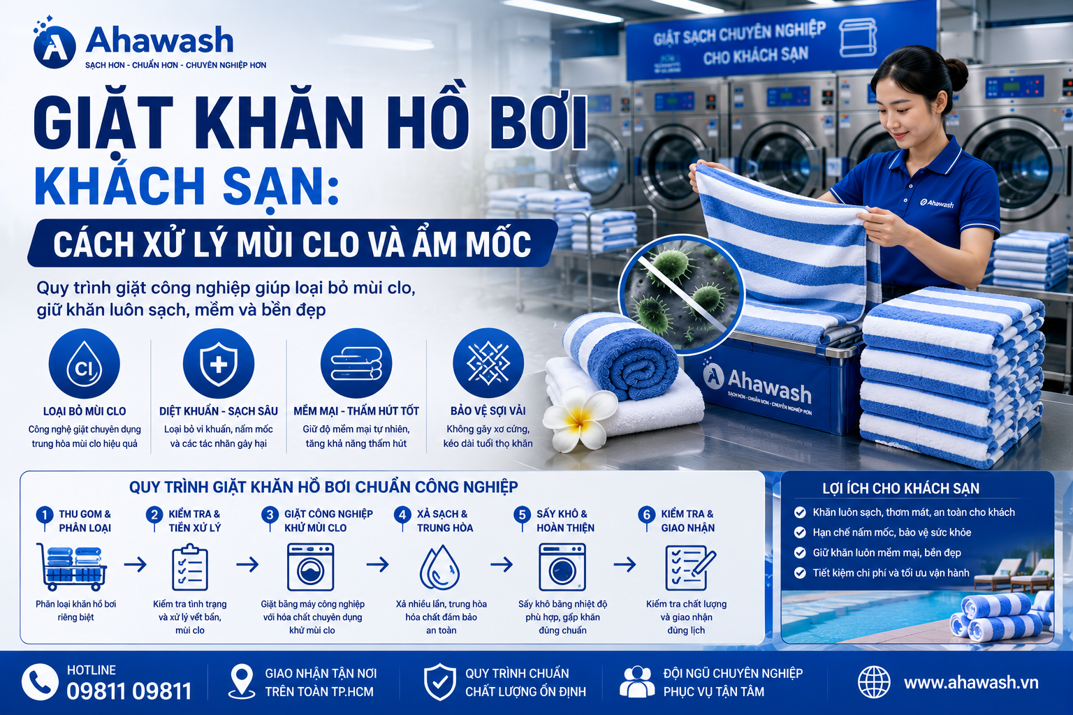Giặt khăn hồ bơi khách sạn: Cách xử lý mùi clo và ẩm mốc | Ahawash