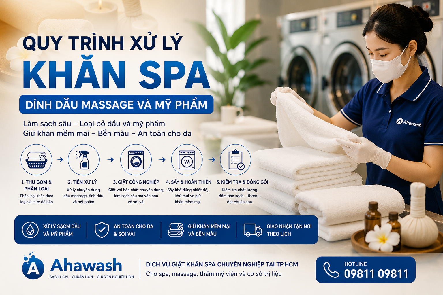 Quy trình xử lý khăn spa dính dầu massage và mỹ phẩm | Ahawash